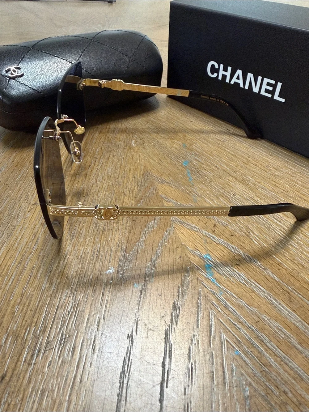 CHANEL Black Gradient Rimless Square Sunglasses with Gold Hardware
